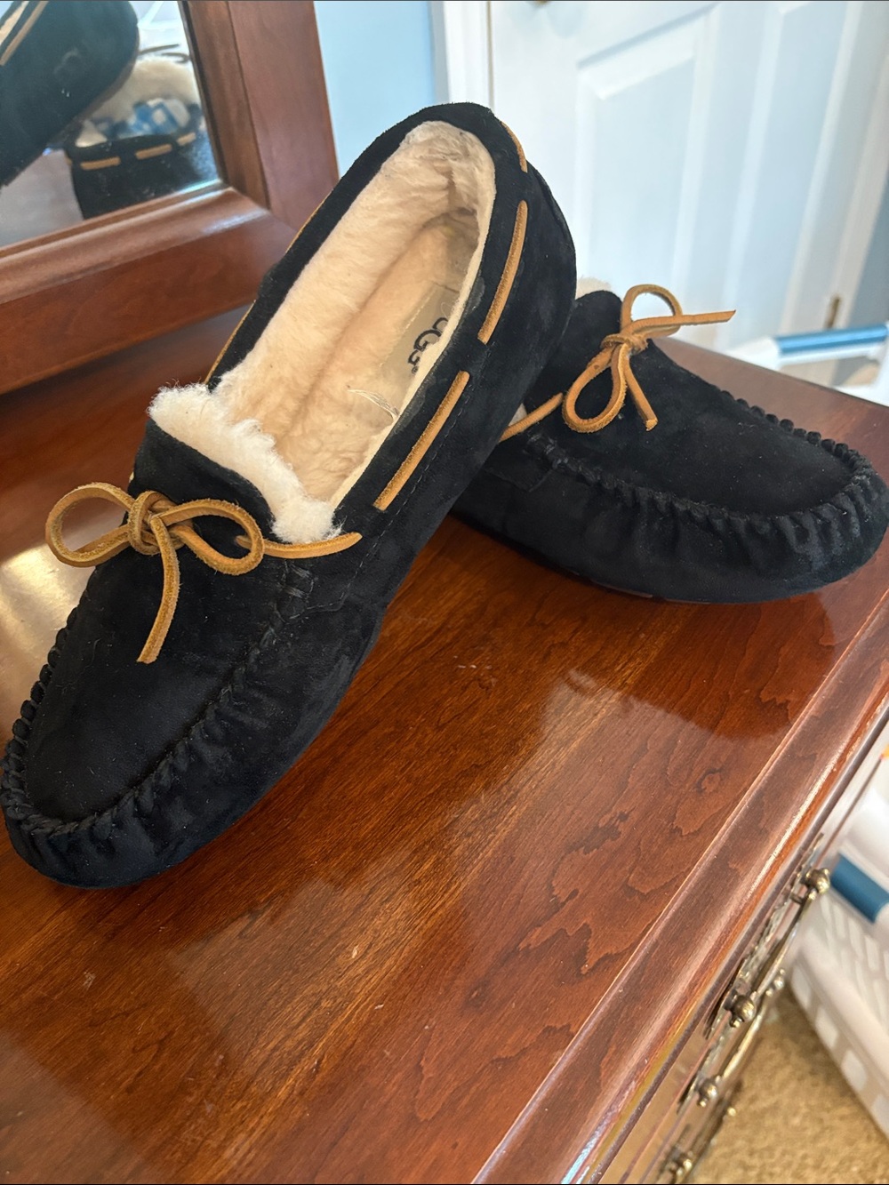 UGG Women’s Black Suede Moccasin with Tan Leather Laces and Shearling - Picture 2 of 4